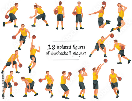 18 basketball players in yellow jersey standing with the ball, running, jumping, throwing, shooting, passing the ball