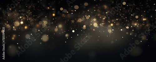 Black abstract glowing bokeh lights on a black background with space for text or product display. 