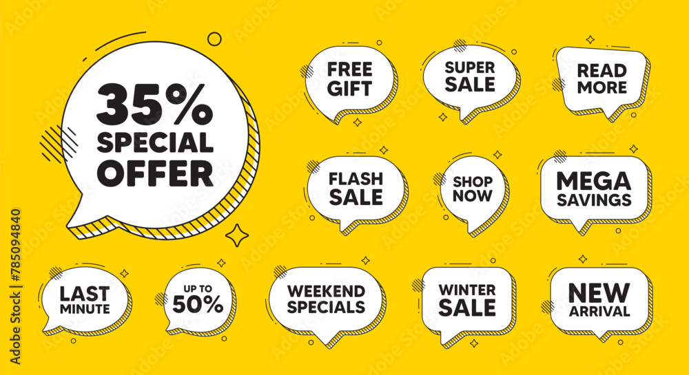 Offer speech bubble icons. 35 percent discount offer tag. Sale price promo sign. Special offer symbol. Discount chat offer. Speech bubble discount banner. Text box balloon. Vector