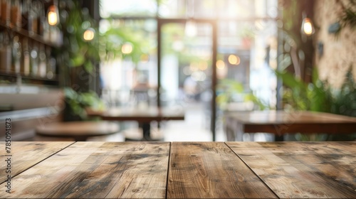 Empty rustic wooden table with blurred cafe interior and green plants.