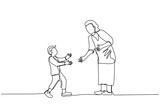 A single continuous line, illustrating	An old woman and a boy walk face to face while preparing to embrace. the old woman held out her hand. the boy welcomes by sticking out his hand. a grandmother's 