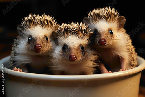 Playful hedgehog babies enjoying their milk in a feeder, contrasting against a pure white background.