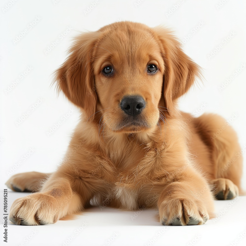 Adorable golden retriever puppy lying on white background looking at camera with innocent eyes.