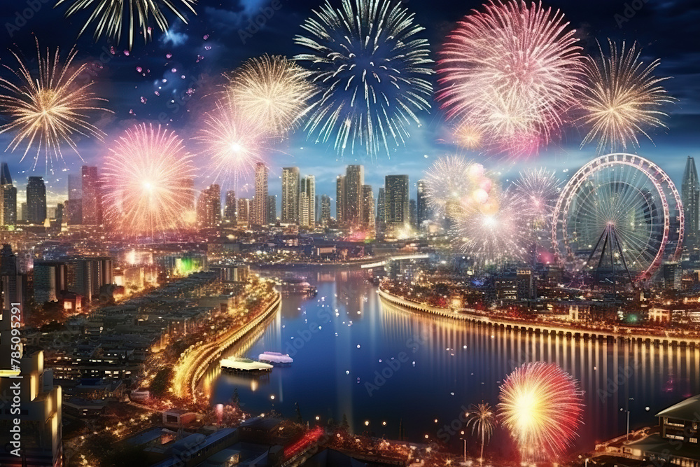 Fototapeta premium Generative ai on theme festive brightly fireworks on twilight background high in dark sky