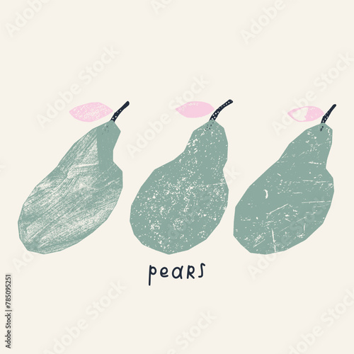 Stylish illustration with textured pears. Vector print with fruits, postcard, design 