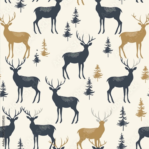 Deer and trees pattern on beige background