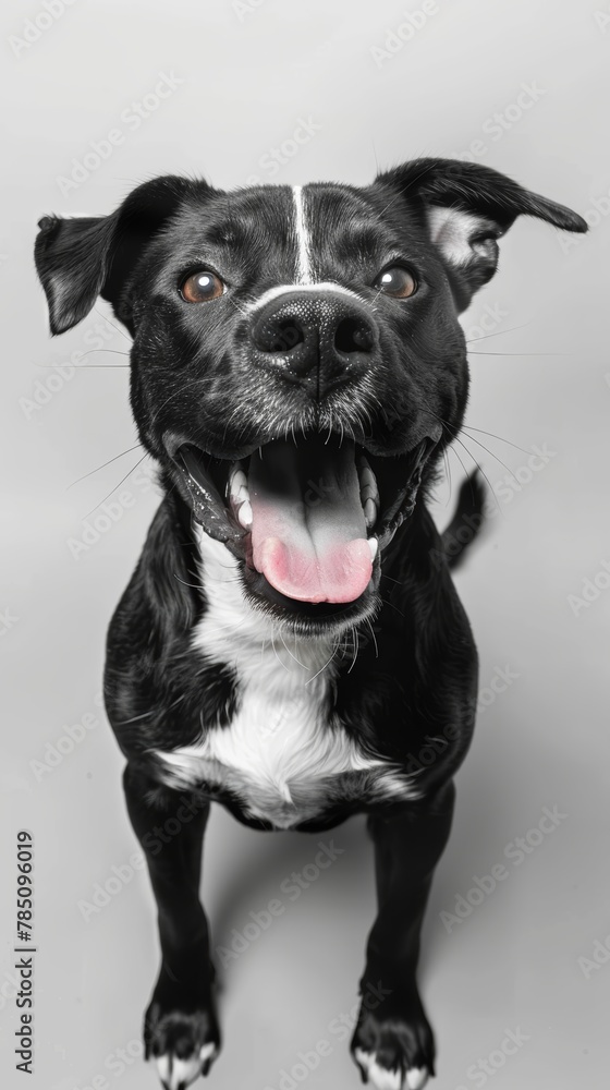 Black and white dog with tongue out looking directly at camera.