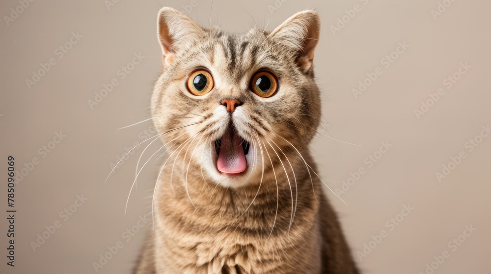 Excited tabby cat with mouth wide open. Studio pet portrait with beige background. Expressive and funny concept.