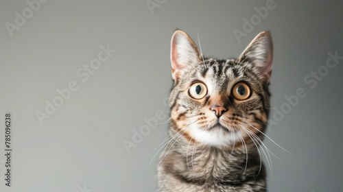 Alert tabby cat gazing to the side. Studio pet portrait with grey background. Attentive and curious concept.