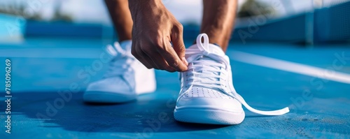 Person tying white sneaker laces on blue tennis court. Fitness and sports concept for design and poster