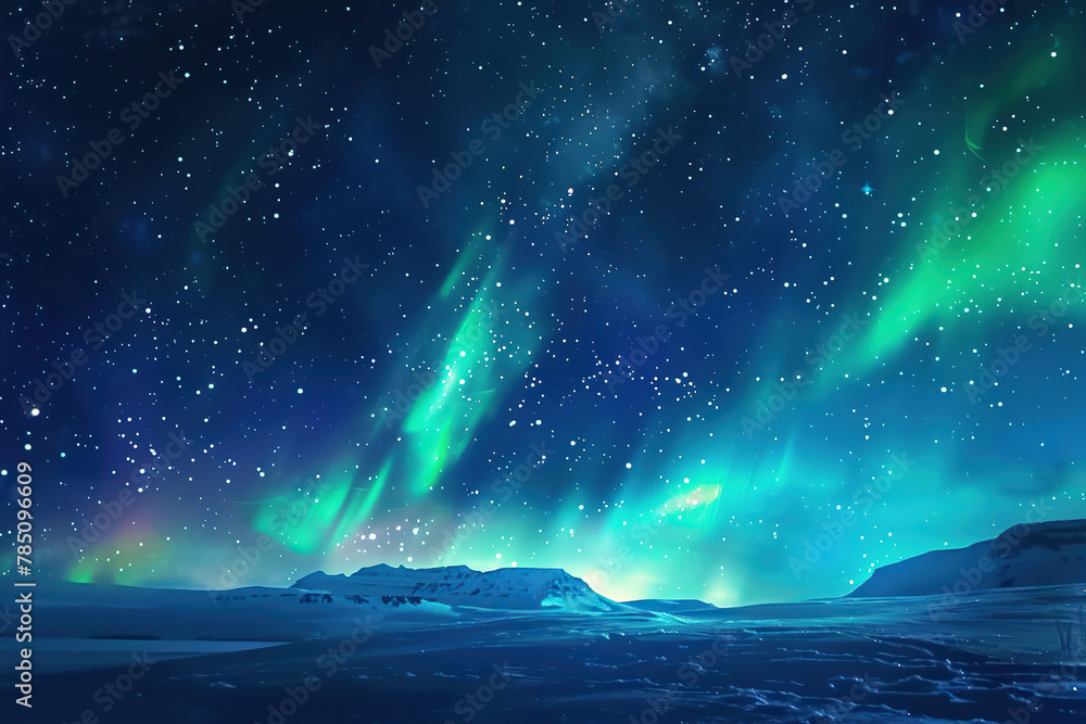 Generative ai on theme of beautiful northern lights, bright aurora borealis winter in atmosphere