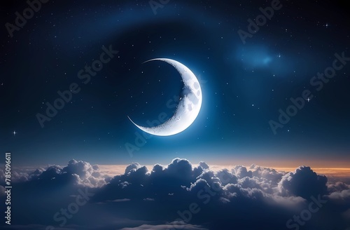 A serene night sky with a luminous crescent moon surrounded by glittering stars and soft clouds
