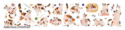 Different postures of cat body language set. Cute kitten plays, lying, relaxes, seeking attention, angry. Happy kitty expression emotions. Pet communication. Flat isolated vector illustration on white