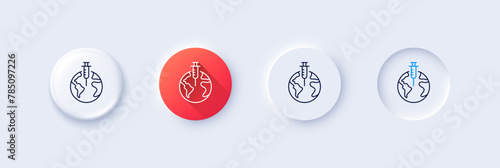 Pandemic vaccine line icon. Neumorphic, Red gradient, 3d pin buttons. Corona syringe sign. Covid jab symbol. Line icons. Neumorphic buttons with outline signs. Vector