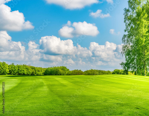 Beautiful blurred background image of spring nature with a neatly trimmed lawn 