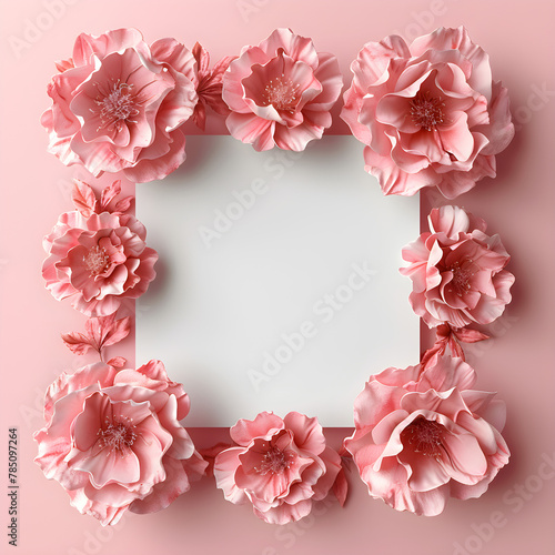 This romantic flatlay features pink roses, a square frame, and a white blank sheet for text, perfect for love, Valentine's Day, wedding, or anniversary-themed designs and greetings.