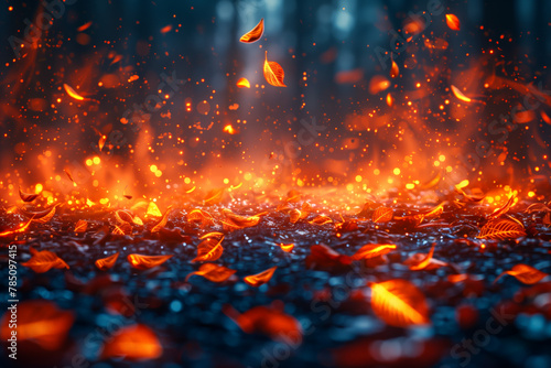 Fiery orange and black blaze in the air with burning leaves nature wallpaper background
