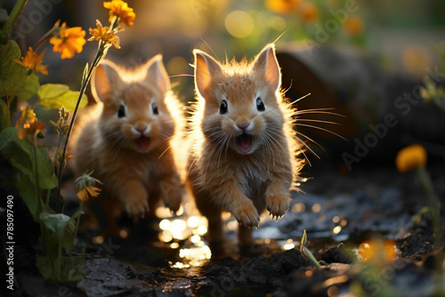 Playful bunnies hopping around a sunlit garden, their fluffy charm and cuteness captured in a delightful, high-quality image.