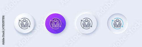 Teamwork line icon. Neumorphic, Purple gradient, 3d pin buttons. Employees rotation sign. Core value symbol. Line icons. Neumorphic buttons with outline signs. Vector