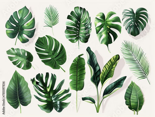 A collection of green tropical leaves with different shapes and textures on a light background. © tisomboon