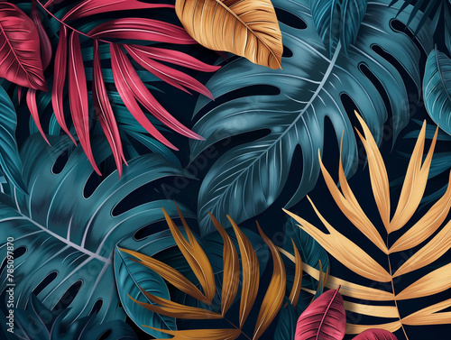 A vibrant array of multicolored tropical leaves overlaid on a dark blue background.