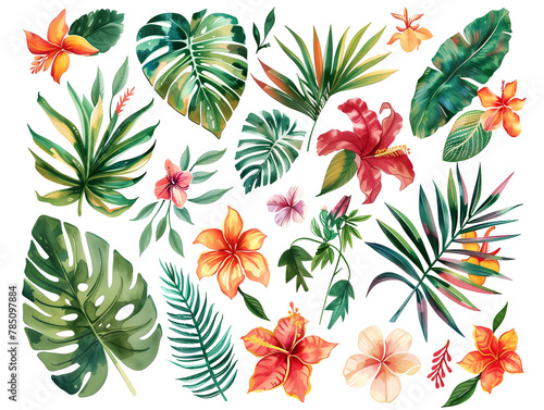 A lush composition of various tropical leaves and flowers  artistically illustrated on a white canvas.