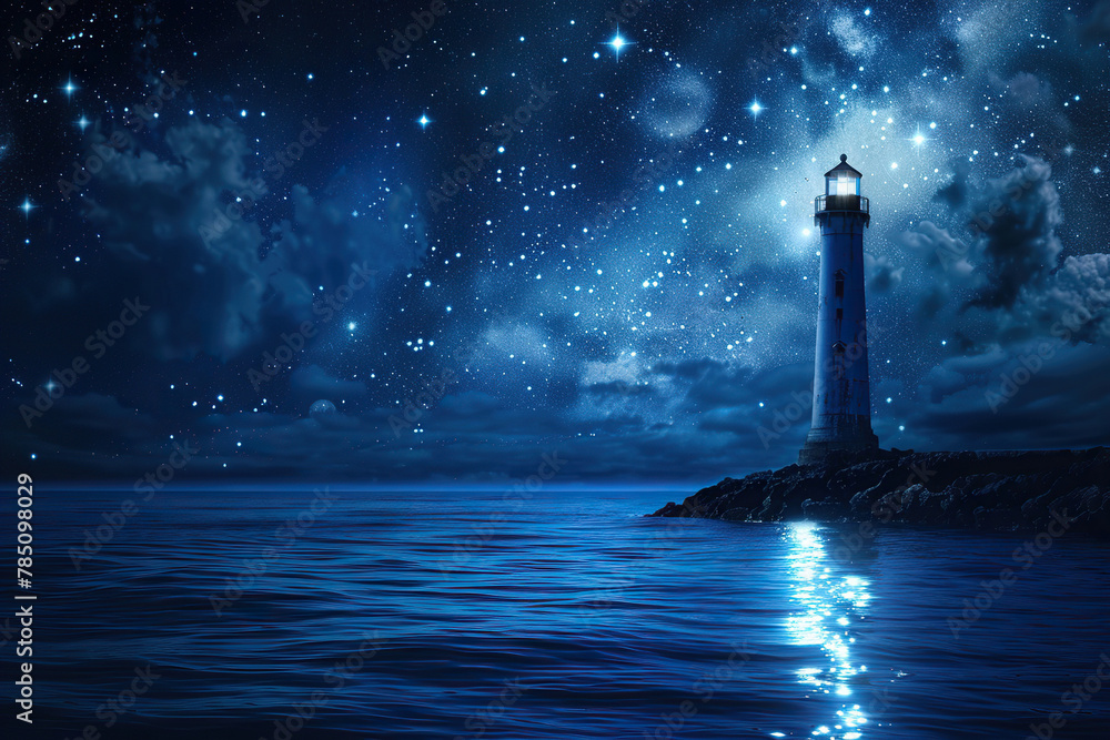 Generative ai on theme of large retro lighthouse with beam of bright light shining out to blue sea Generative ai on theme of large retro lighthouse with beam of bright light shining out to blue sea