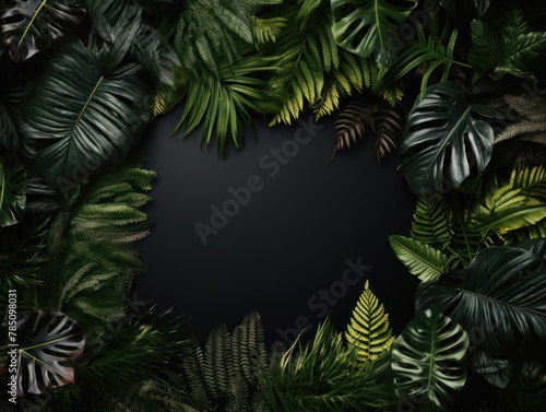 Black frame background  tropical leaves and plants around the black rectangle in the middle of the photo with space for text