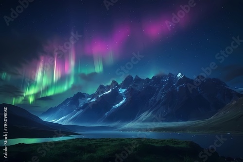 the northern lights in the night sky with mountines photo