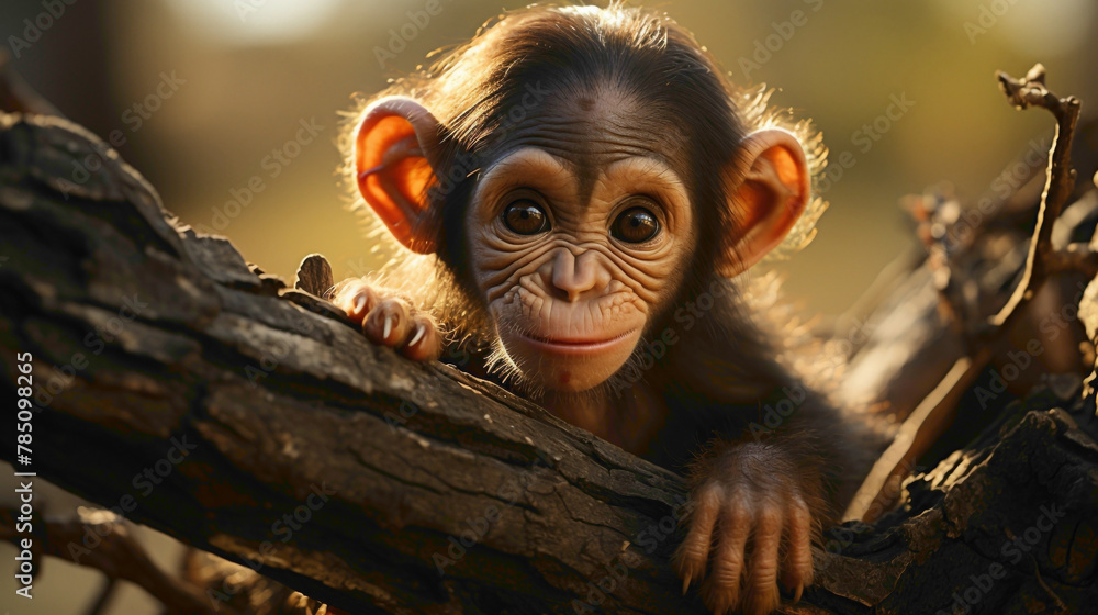 Playful baby chimpanzees swinging from tree branches, their mischievous antics and expressive faces showcasing the adorable side of primate life. - obrazy, fototapety, plakaty 