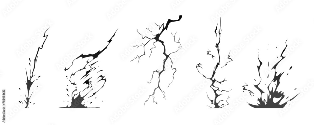 Fototapeta premium Lightning strike bolt silhouettes sequence vector illustration. Black thunderbolts and zippers are natural phenomena isolated on a dark background. Thunderstorm electric effect of light shining flash.