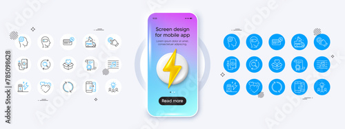 Touchscreen gesture, Heart and Business idea line icons. Phone mockup with 3d energy icon. Pack of Musical note, Fake news, Engineering icon. Vector