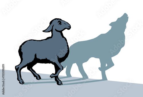 Vector drawing. Cute small sheep with shadow of wolf