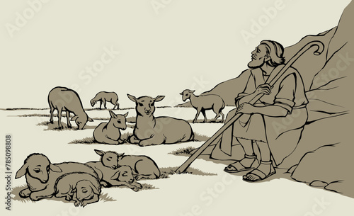 Vector drawing. Shepherd with sheep