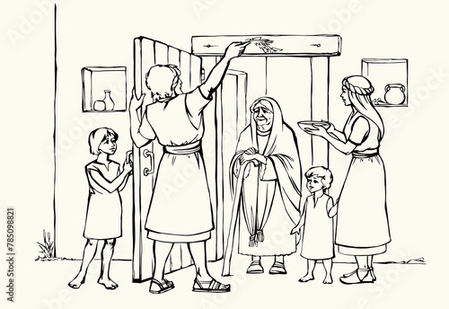 Vector drawing. The family fulfills God's command. Anoints the doorposts with the blood of the lamb