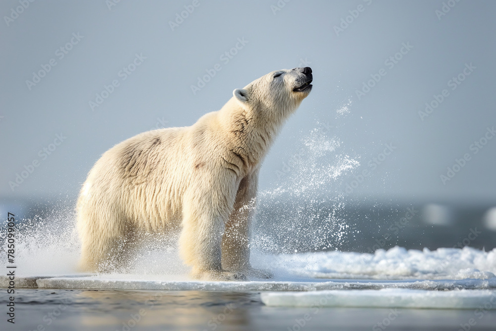 A polar bear floating on a block of broken ice isolated in the sea due to climate change and global warming A polar bear floating on a block of broken ice isolated in the sea due to climate change and global warming