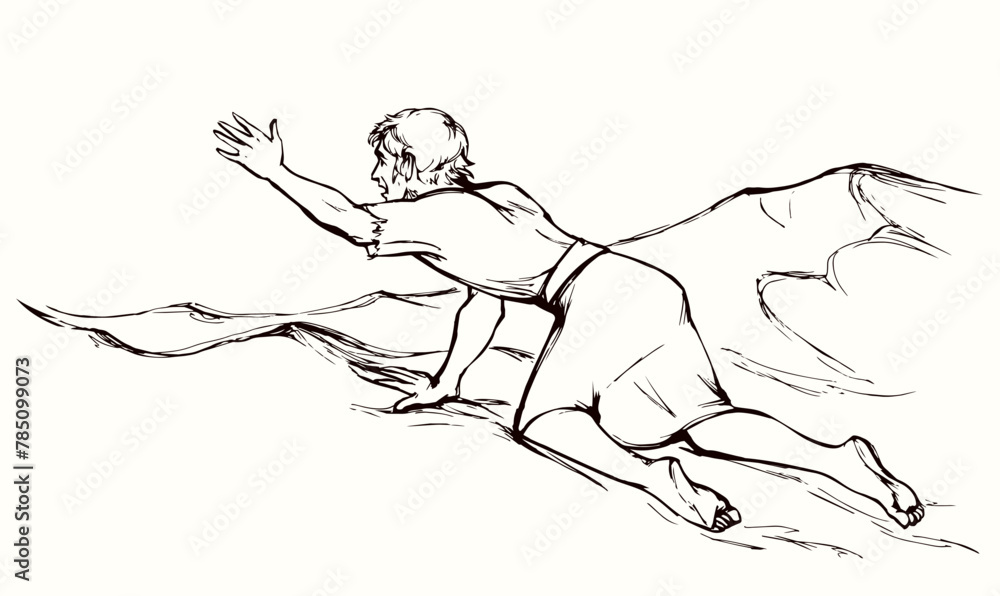 Fototapeta premium Vector drawing. A man in the desert sees a mirage