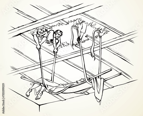 Vector drawing. The men dug up the roof to let the sick man in on a stretcher.
