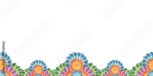 Seamless border from fiesta flowers. Hand drawn watercolor clipart, Mexican paper fans for Cinco de Mayo decoration. Celebration design for banners, paper,packaging, printing, cards, invitation