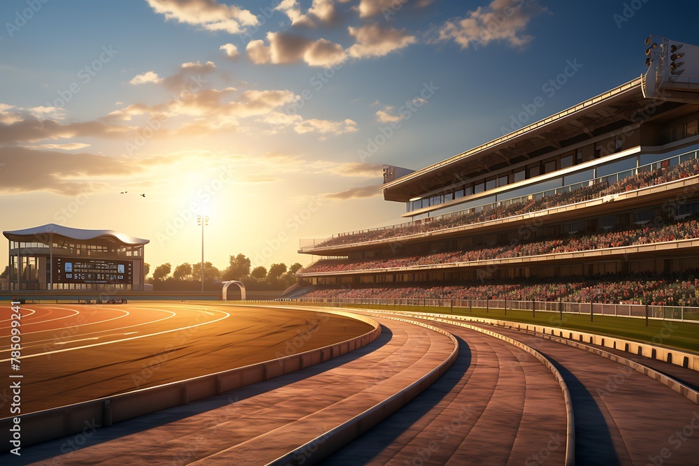 Fototapeta premium Horse racing on the track at sunset, in Shenzhen, China.