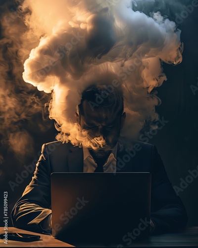 An overworked businessman sits in front of his laptop, smoke billowing from his head, as he struggles with a burnout from an overwhelming workload