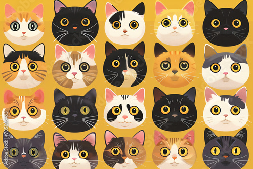 Colorful grid of cartoon cat faces with various expressions