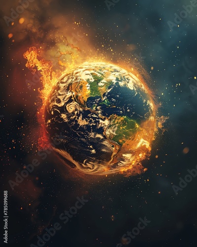 A conceptual illustration of a burning Earth globe