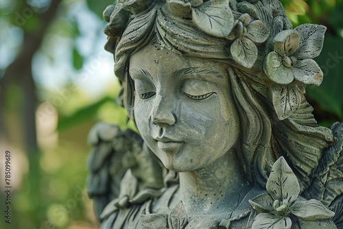 A captivating representation of a nymph, dryad, or fairy sculpted from stone and adorned with lush foliage, standing tall amidst a tranquil forest this statue serves as a powerful symbol of the Guard
