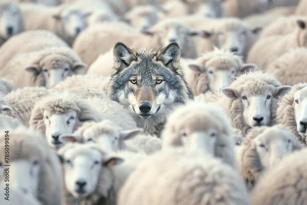 A wolf disguised among a flock of sheep, blending in but standing out A wolf disguised among a flock of sheep, blending in but standing out