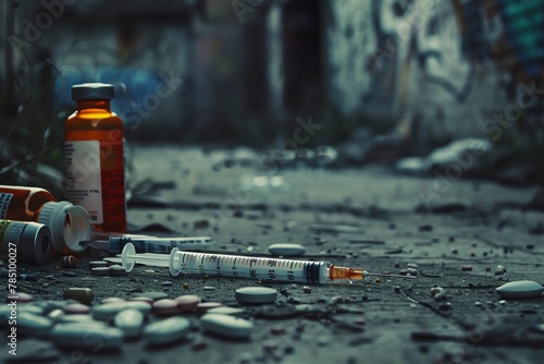 An eerie image of a discarded syringe lying on the ground  surrounded by empty pill bottles and vials