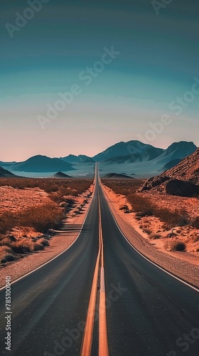 An endless straight line road winding its way through a vast, empty desert landscape, whispering a call to adventure photo