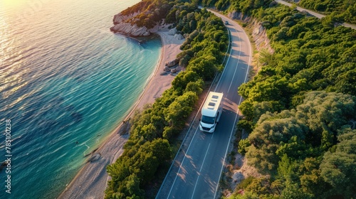 motorhome rides along the road along the coast of the sea in summer  aerial view