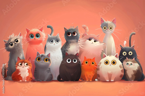 Group of cartoon cats with various expressions on pink background