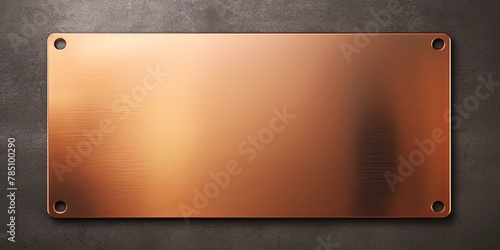 Gold large metal plate with rounded corners is mounted on the wall. It is a 3D rendering of a blank metallic signboard 